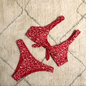 Red and White Flower Print Bikini Set
